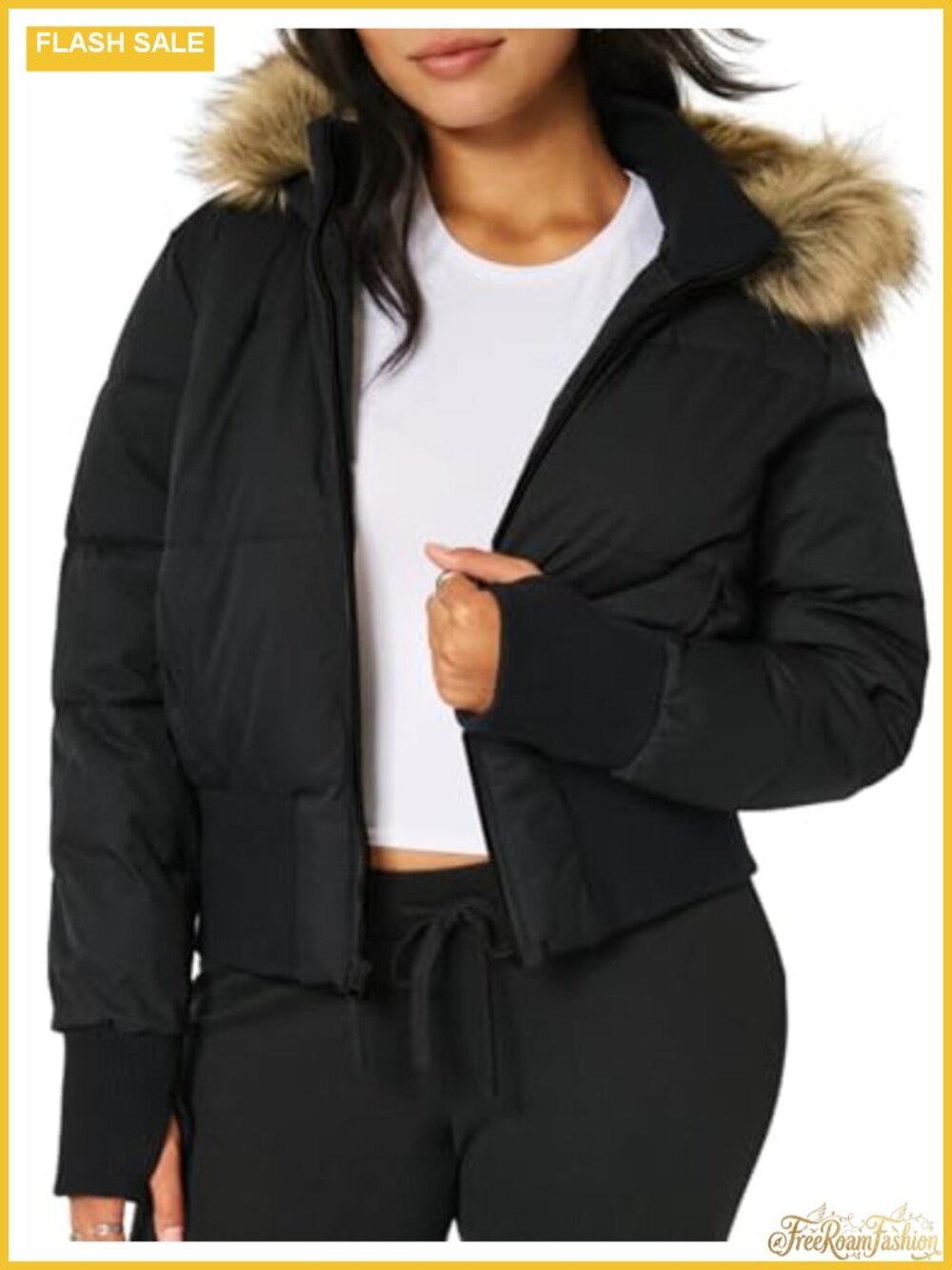 Womens Cropped Puffer Jacket Hooded Winter Coat Quilted Full Zip
